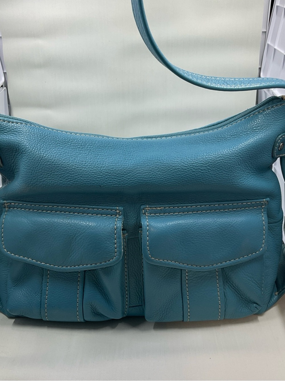 Fossil Teal Blue Leather Crossbody with Dual Front Pockets